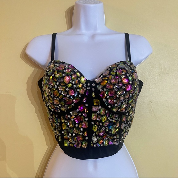 Sultry Multi-Color Mixed Rhinestone Embellished Bustier Crop Top - Size Large - Picture 4 of 16